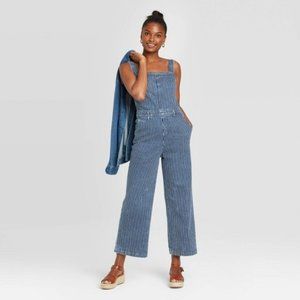 High-Rise Striped Wide Leg Cropped Overalls Jeans